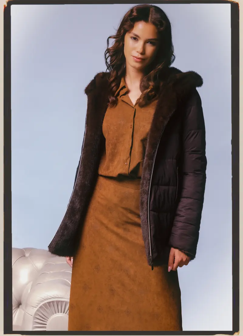 Look L56, Fall Winter 26/27: giubbotto di pelliccia scuro e gonna scamosciata